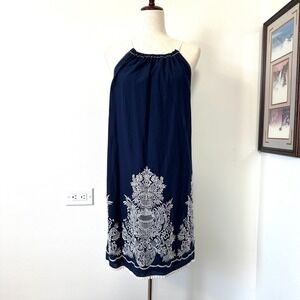 Sophie Max Embroidered Halter Dress M Navy Cotton Pom Poms Boho Coastal Resort